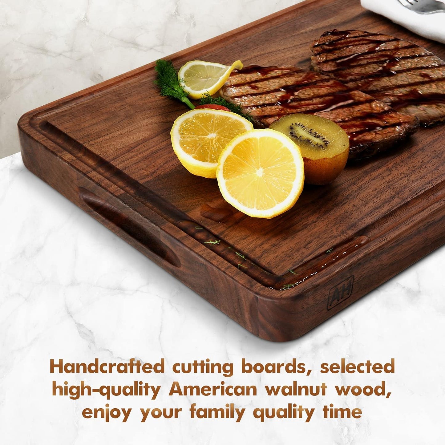 AZRHOM Large End Grain Walnut Wood Cutting Board 17x13x1.5 in Thick Butcher Block for Kitchen with Non-slip Mats Juice Groove & Handles (Gift Box)