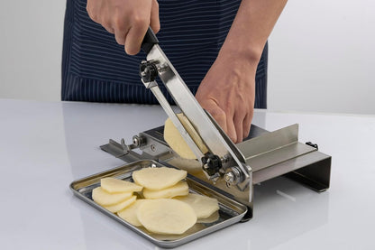 10inch Manual Meat Slicer - Heavy Duty Slicing Machine for Deli, Home, n BBQ - Frozen Meat Cleaver Knife Quick Prepare Ham, Bacon, Veggies, Herb, Root, Ginseng, Fish, Cheese, Ribs n Beef Jerky
