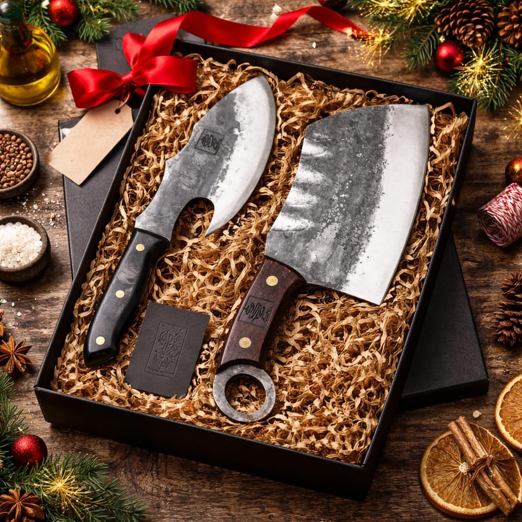 COOLINA Daozi 8" Butcher Knife, Hand-Forged High-Carbon Steel Cleaver for Heavy-Duty Meat Cutting, Slicing, Chopping, Brisket & BBQ, Full-Tang Forged Blade with Ergonomic Wood Handle