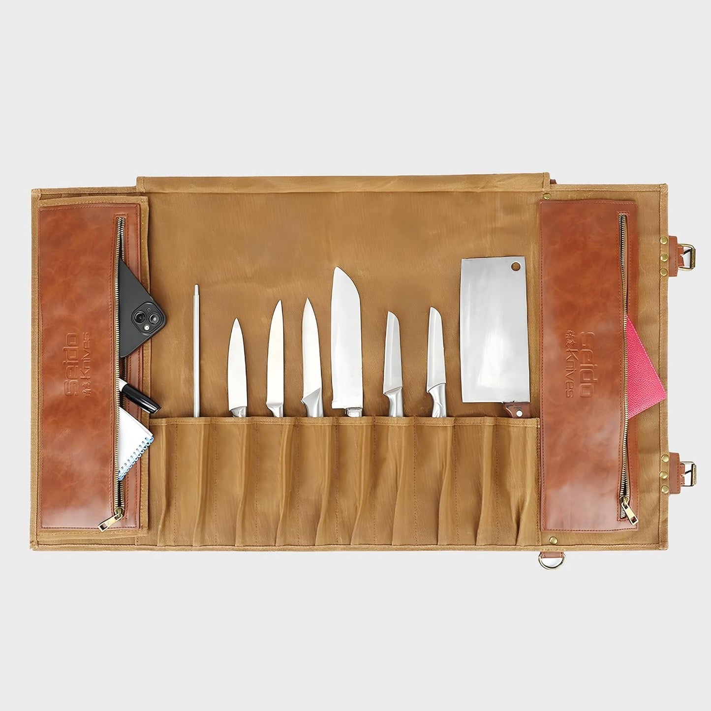 Seido Knives Classic Knife Roll Bag - Heavy Duty Canvas & Leather - Holds 18 Culinary Tools, Including 12 Large Knives, 4 Utensil Slots, and 2 Meat Cleaver Compartments