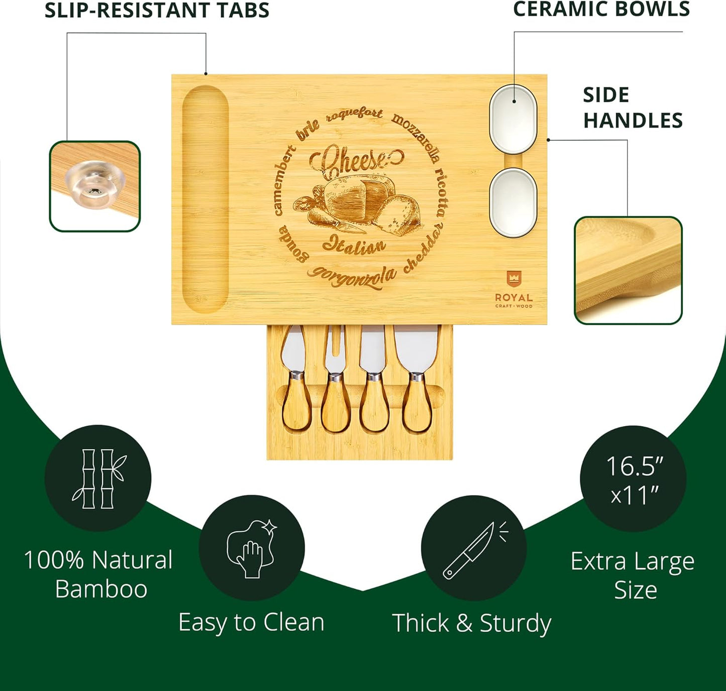 ROYAL CRAFT WOOD Extra Large Cheese Board - Bamboo Cheese Board and Knife Set - Charcuterie Board Set, Charcuterie Platter & Serving Tray