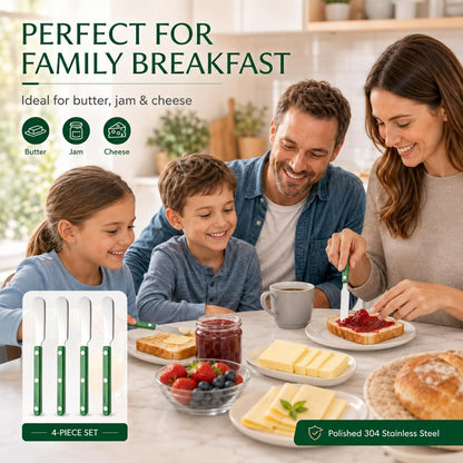 4PCS Stainless Steel Butter Knives Set: 6.3 Inch Cheese Spreader 304 Stainless Steel with Ergonomic Handle for Cheese, Butter & Jam (green)