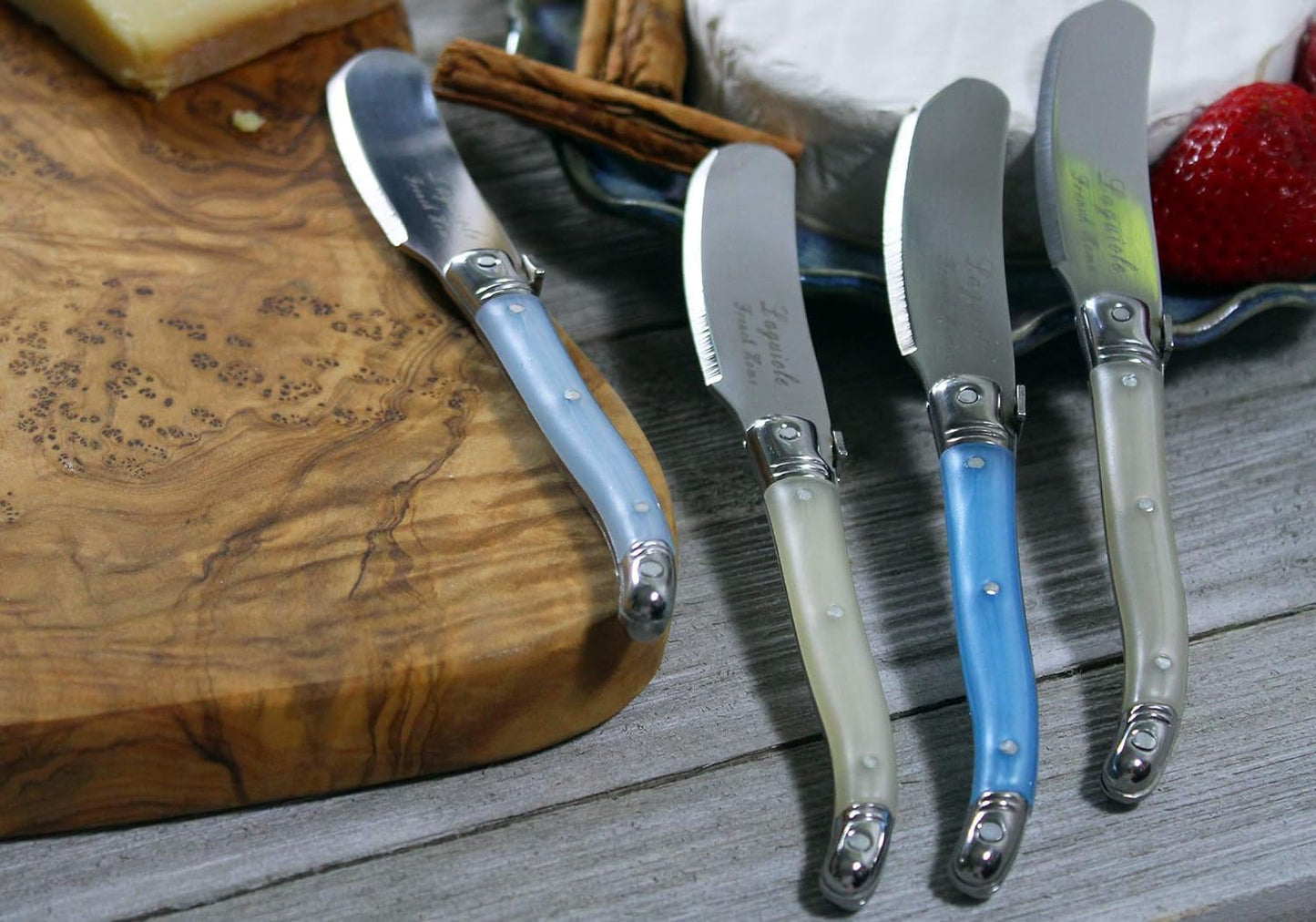French Home Laguiole Spreader Set – 8 Piece Cheese & Butter Spreader Set with Blue and Cream Handles – Elegant & Practical Charcuterie Tools (6.25")