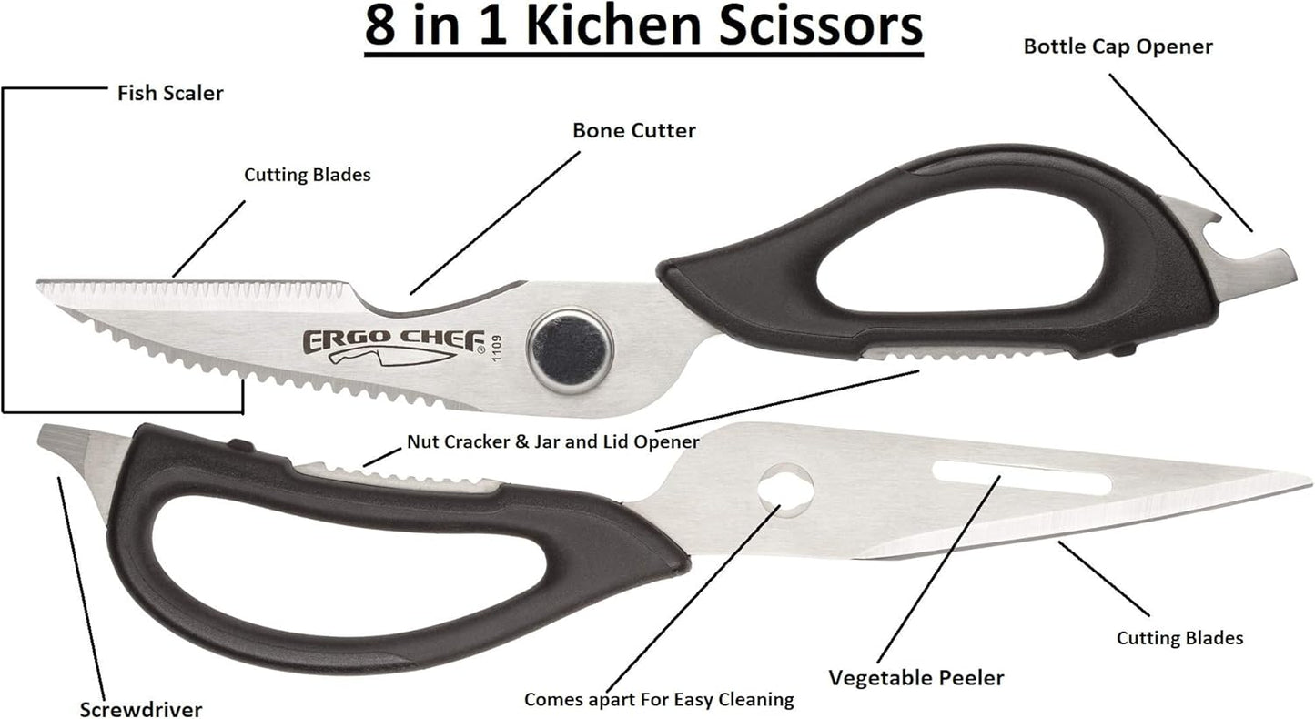 Ergo Chef All-Purpose Come-Apart Kitchen Shears for Poultry, Fish, Vegetables, Herb Stripper, Bottle Opener (Black)