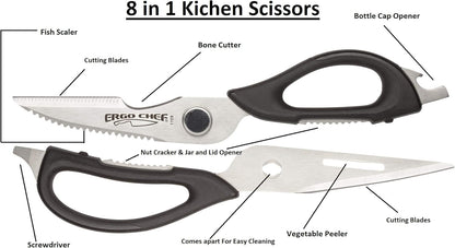 Ergo Chef All-Purpose Come-Apart Kitchen Shears for Poultry, Fish, Vegetables, Herb Stripper, Bottle Opener (Black)