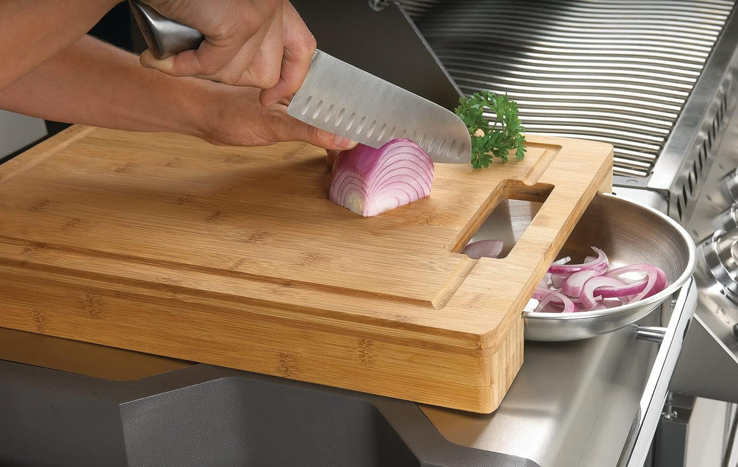 Napoleon PRO Bamboo Cutting Board with Stainless Steel Bowls 70012 Naturally Cutting Board with Two Stainless Steel Bowls, Chopping and Carving Meat