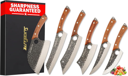 Heritage Forge 6 Piece Knife Set Serbian Knife Viking Knife Cleaver Boning Scimitar Kiritsuke Hand Forged High Carbon Steel Kitchen Butcher Knives for Meat Vegetables and Daily Prep