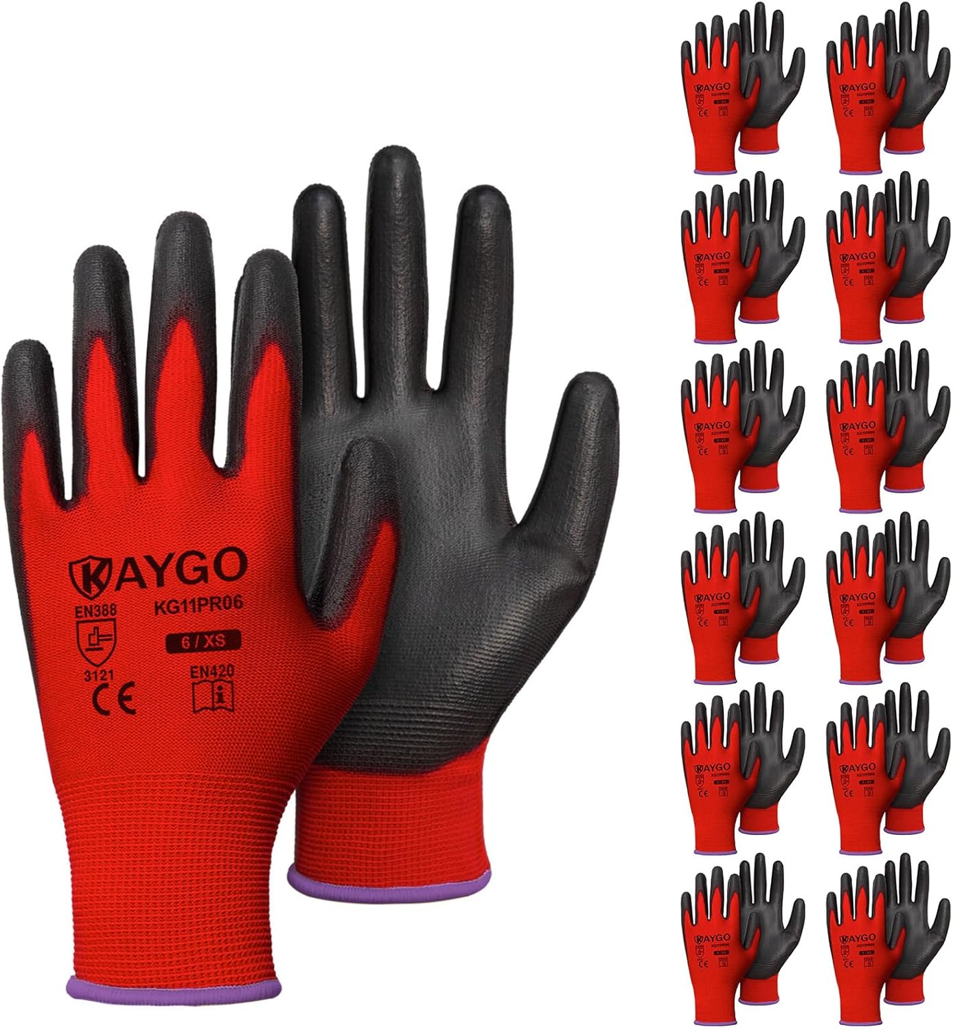 KAYGO Work Gloves for Men and Women,12 Pairs Seamless Knit PU Coated Safety Gloves, with Smooth Grip on Palm and Fingers, Ideal for Light Warehouse, Manufacturing, Gardening, KG11P (M, Black)