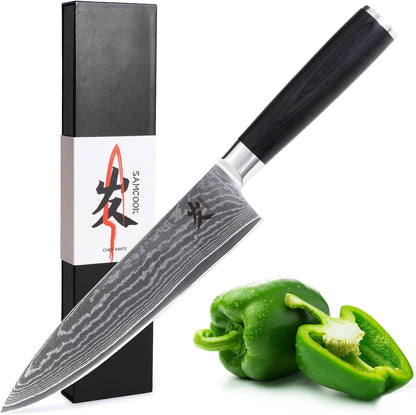 SAMCOOK Chef Knife,8 Inch Professional Sharp Hammered Damascus Knife,Japanese VG-10 High Carbon Stainless Steel Kitchen Gyuto knife,Ergonomic Black Walnut Handle with Premium Gift Box