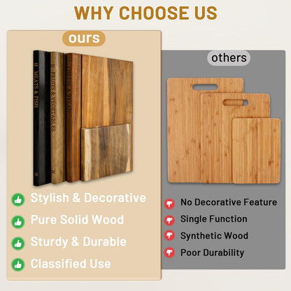 Book Cutting Board Set of 3 - Wooden Cutting Boards That Look Like Books with Stand, Acacia Wood for Meat, Vegetables, Cheese & Bread - Unique Kitchen Decor & Hygienic Gift