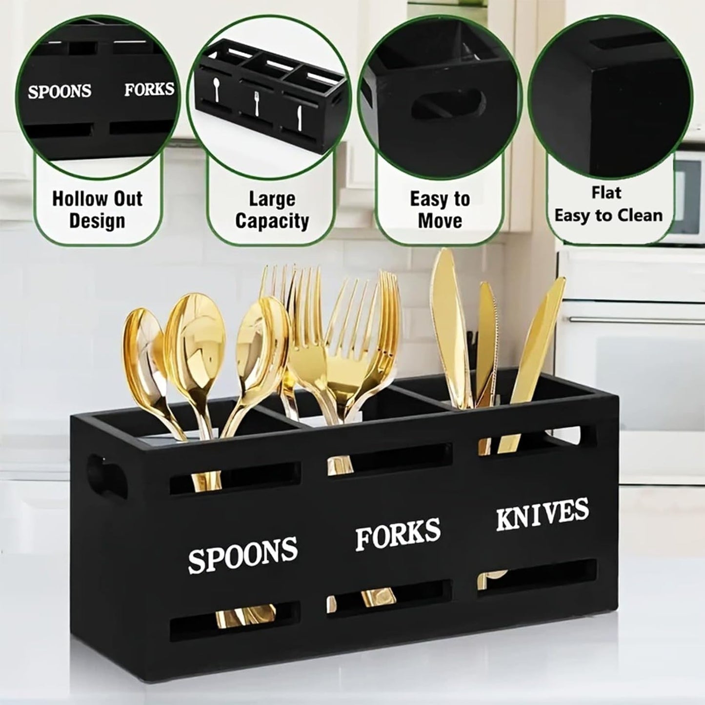 Kitchen Utensil Holder Wooden Cutlery Holder Black Silverware Utensil Caddy Cutlery Organizer 3 Compartment Silverware Containers for Kitchen Counter Spoons Forks Knives Tools Storage