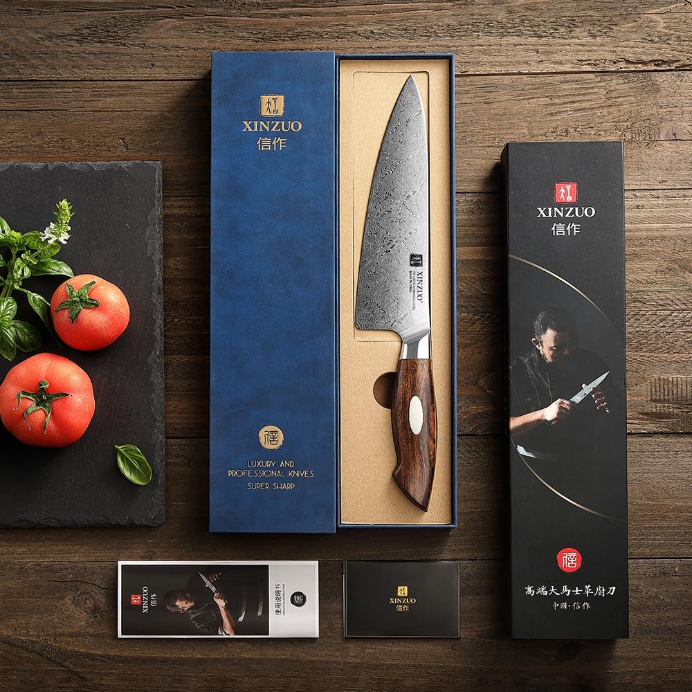 XINZUO 8.3 Inch,110 Layers Damascus Steel Chef Knife Cleaver, Professional Hand Forged Kitchen Cooking Knife,Full Tang,Sharp Slicing Knife Gyuto Knife-North America Desert lron Wood Handle