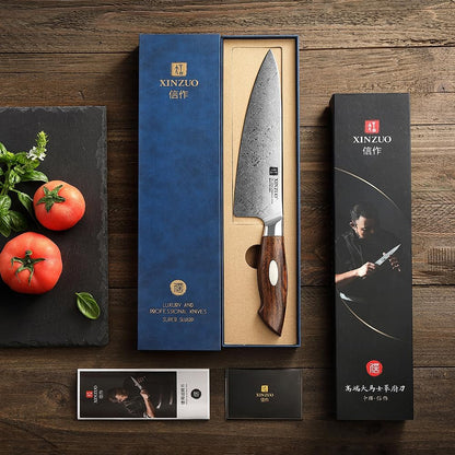 XINZUO 8.3 Inch,110 Layers Damascus Steel Chef Knife Cleaver, Professional Hand Forged Kitchen Cooking Knife,Full Tang,Sharp Slicing Knife Gyuto Knife-North America Desert lron Wood Handle