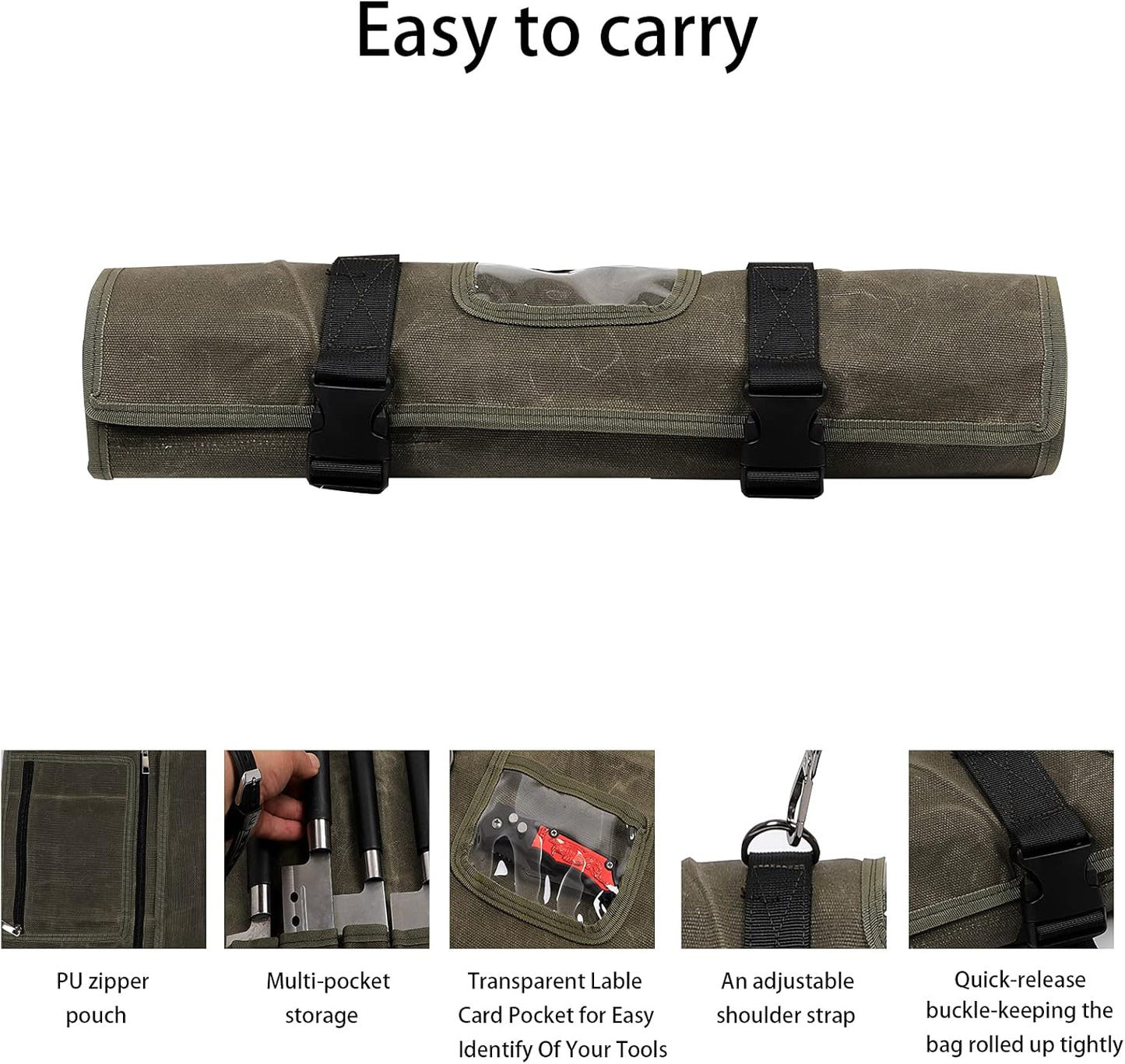 HERSENT Waxed Canvas Chef’s Knife Roll Bag,Army Green Knife Wrap,Portable Knife Roll,Waterproof Pocket Knife Carrier,Durable 16oz Knife Case With Adjustable Shoulder Strap