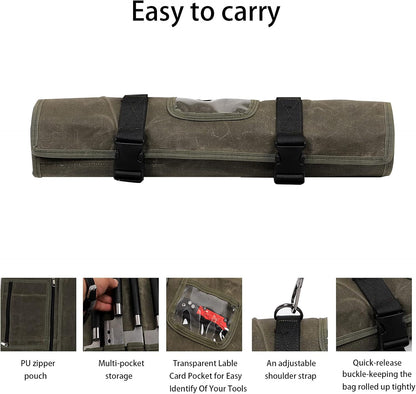 HERSENT Waxed Canvas Chef’s Knife Roll Bag,Army Green Knife Wrap,Portable Knife Roll,Waterproof Pocket Knife Carrier,Durable 16oz Knife Case With Adjustable Shoulder Strap