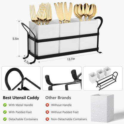 Silverware Caddy for Party, Metal Utensil Holder with Drain Holes, Spoons and Forks Cutlery Holder for Kitchen Countertop - White