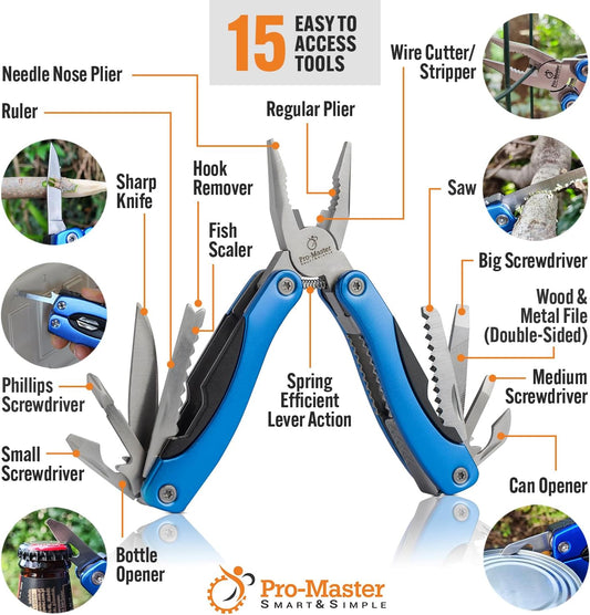 15-in-1 Multitool Pocket Knife, Multipurpose Stainless Steel All In One Tool for Camping Hiking Survival Travel Home - Portable Heavy Duty Folding Utility Multi Tool with Self-Locking
