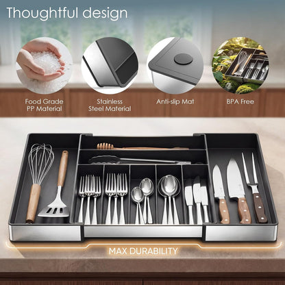 Extra Large Silverware Organizer, 9 Slot Expandable Kitchen Drawer Organizer, Utensil Holder, Heavy Duty Stainless Steel Frame Silverware Drawer Organizer, 8 Non-Slip Feet Included, BPA Free, Black