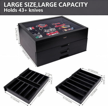 AUTOARK Knife Display Case Holds 43+ Knives,Large 3-Tier Wooden Organizer with Glass Top and Drawer,Gift for Men,Walnut,AHK-072