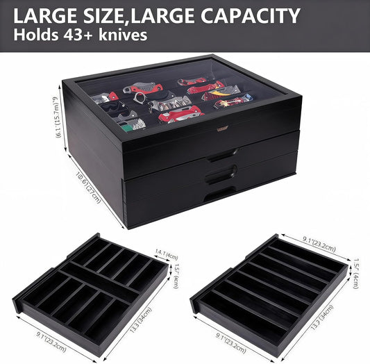 AUTOARK Knife Display Case Holds 43+ Knives,Large 3-Tier Wooden Organizer with Glass Top and Drawer,Gift for Men,Walnut,AHK-072