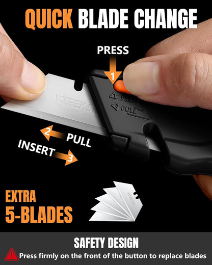 VOTREK® Box Cutter Retractable| Metal Utility Knife Set【Built-In Storage】 Tool-Free Quick Blade Change| Safety Lock| Extra 10 Sharp SK5 Blades| 2-Pack Heavy Duty Razor Knife for Cardboard & Plastic