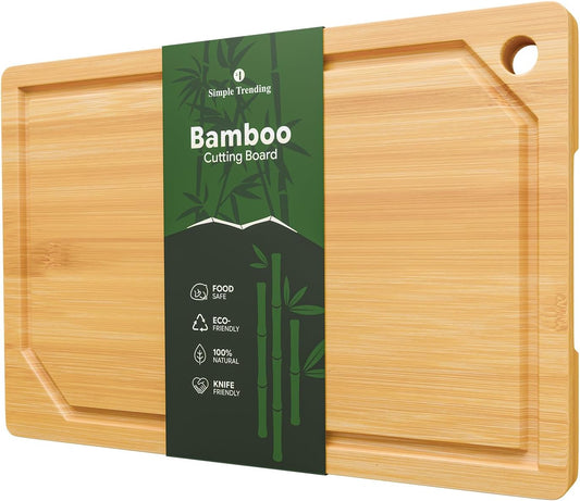 Simple Trending Bamboo Cutting Boards, Durable Cutting Boards for Kitchen with Deep Juice Grooves and Handles, Chopping Board for Meat, Vegetables and Fruits, 15”×10”, Natural