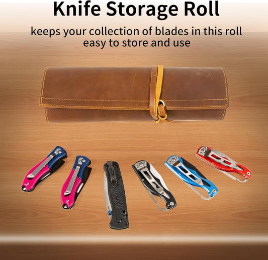 leather Knife Display Bag with 12 Slots Pocket Knives,Folding Knife Holder Organizer,Tactical Outdoor for EDC Mini Knife Bags, leather knife roll Collection Protector Bag