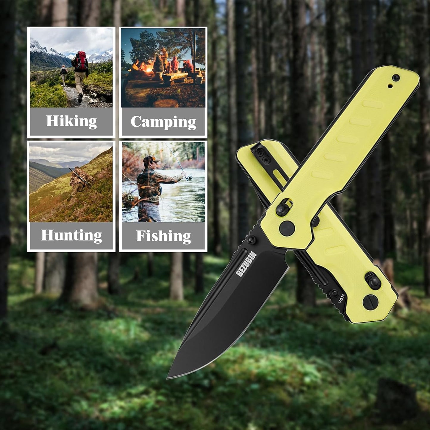 Folding Pocket Knife 3.25" VG10 Blade EDC Folding Knife with Safety Axis Lock Black G10 Handle Hunting Camping Knife with Thumb Stud Opener