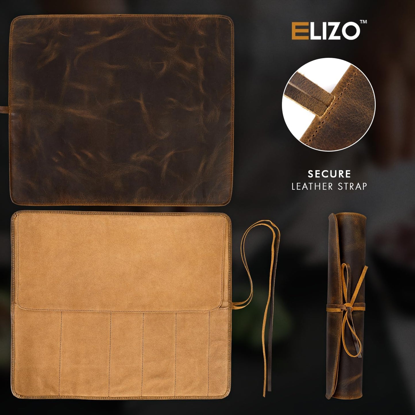 ELIZO Leather Knife Roll Bag Professional Chef Knife Case, Durable Knife Sheath Holder, Cooks & Culinary Tools Carrying Storage, Portable Knife Wrap - 4 Slots