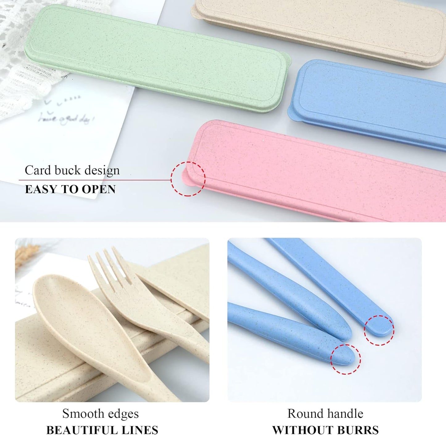 DISSKNIC Reusable Utensils Set with Case, 6 Sets Travel Utensils with Case, Wheat Straw Portable Cutlery Set Chopsticks Knives Fork and Spoon for Lunch Box Accessories