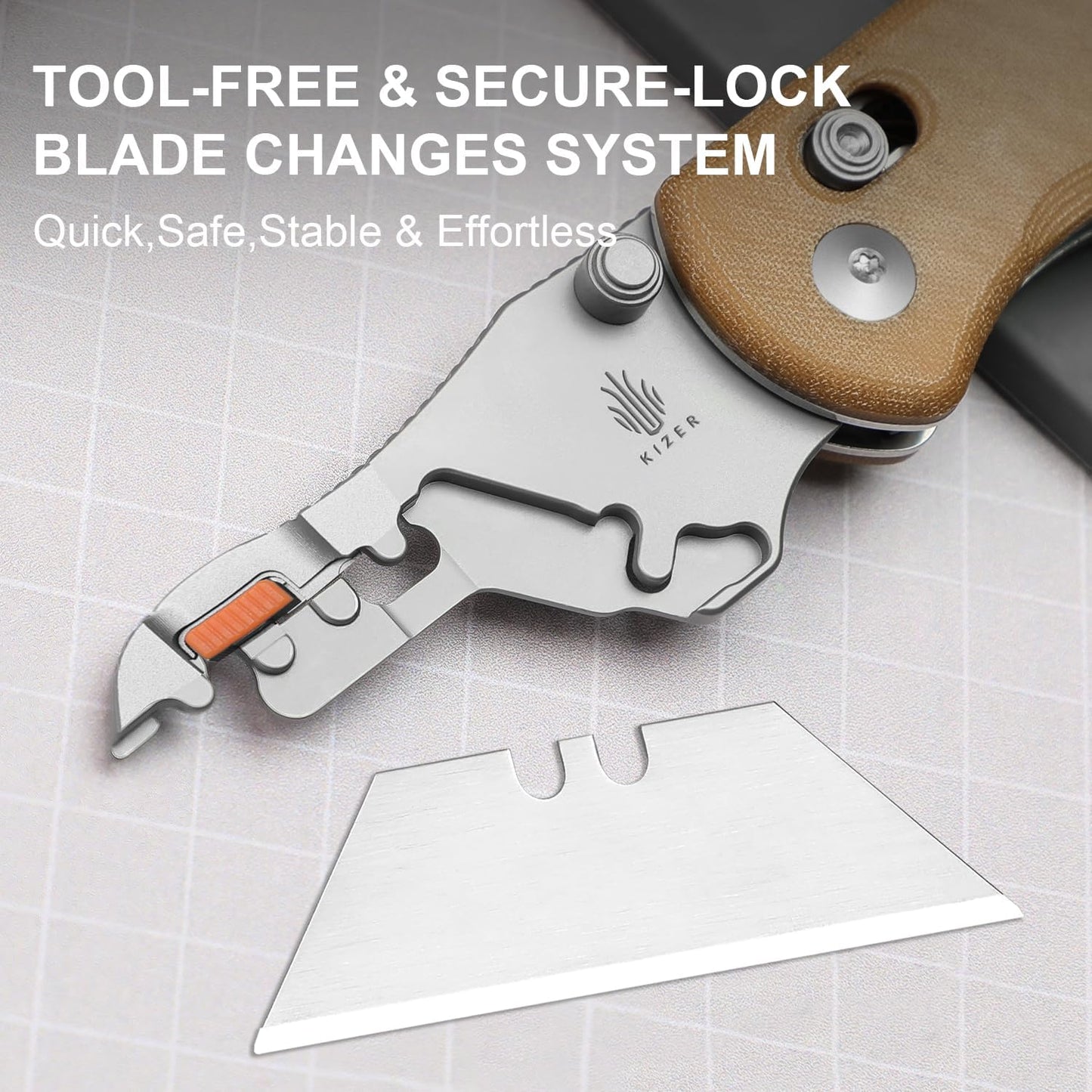 Kizer Uti Bear(Tool-Free Version) Folding Utility Knife, Quick Change Box Cutter EDC knife with 5PCS Razor Blades, Clutch Lock & Pocket Clip Small Pocket Knives for Men Women V3619JM2