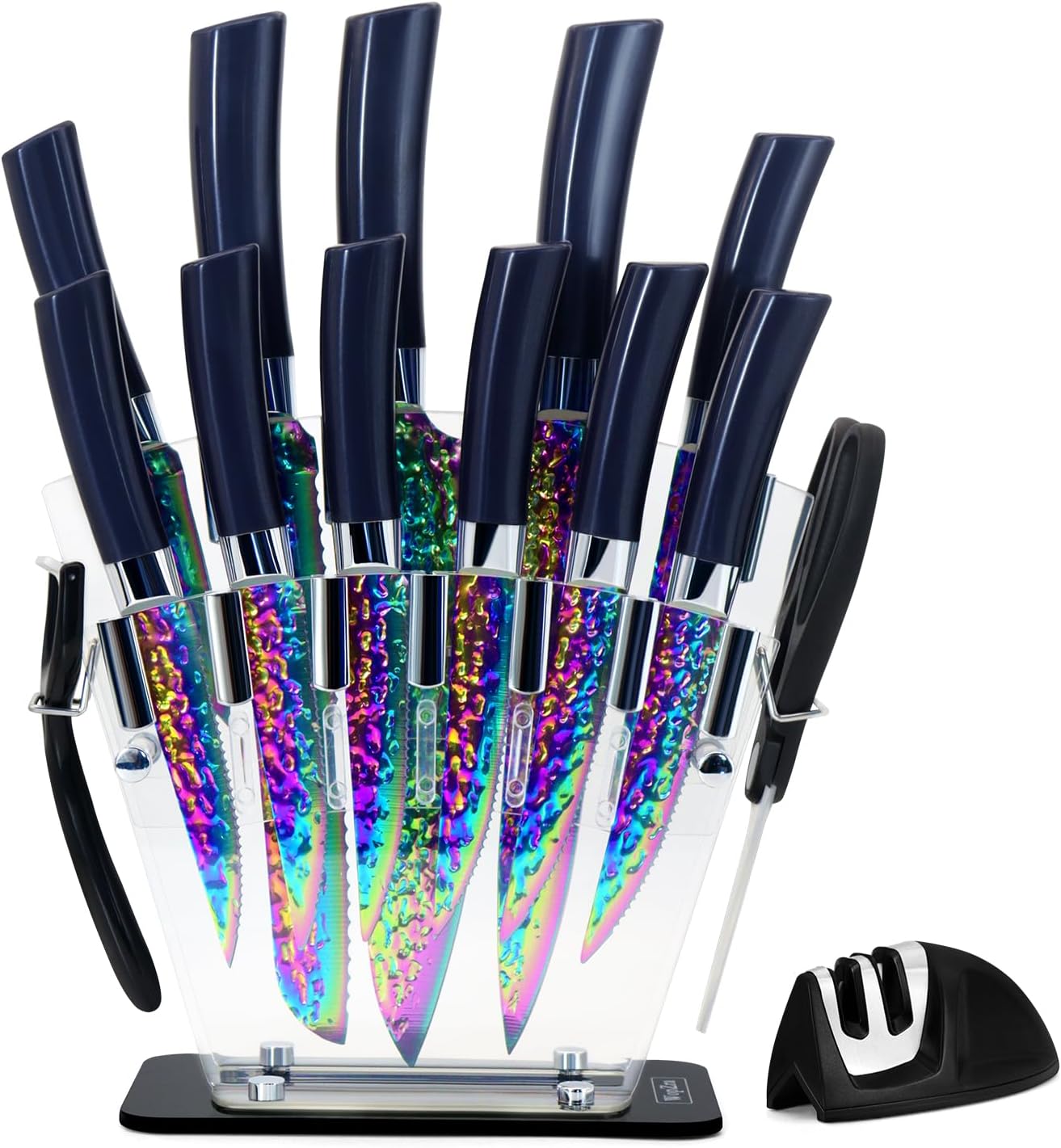 Rainbow Titanium Knife Set, Non Stick Thick and Sharp Stainless Steel 15 Pcs Cutlery Kitchen Knives Set with Acrylic Block, Chef Quality for Home & Pro Use, Best Gift, Pink Color