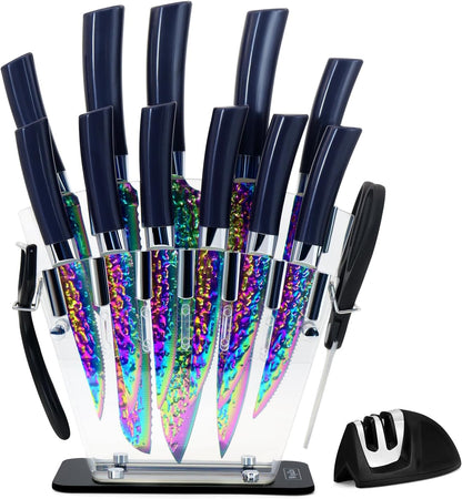 Rainbow Titanium Knife Set, Non Stick Thick and Sharp Stainless Steel 15 Pcs Cutlery Kitchen Knives Set with Acrylic Block, Chef Quality for Home & Pro Use, Best Gift, Pink Color