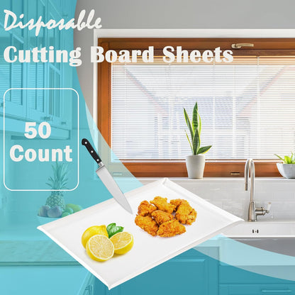 Fasmov 50 Count Disposable Cutting Boards, 17x12 Inch Flexible Plastic Cutting Mats with Built-in Crease, Collapsible Cutting Board Sheets Chopping Boards for Kitchen Home & Commercial Use, White