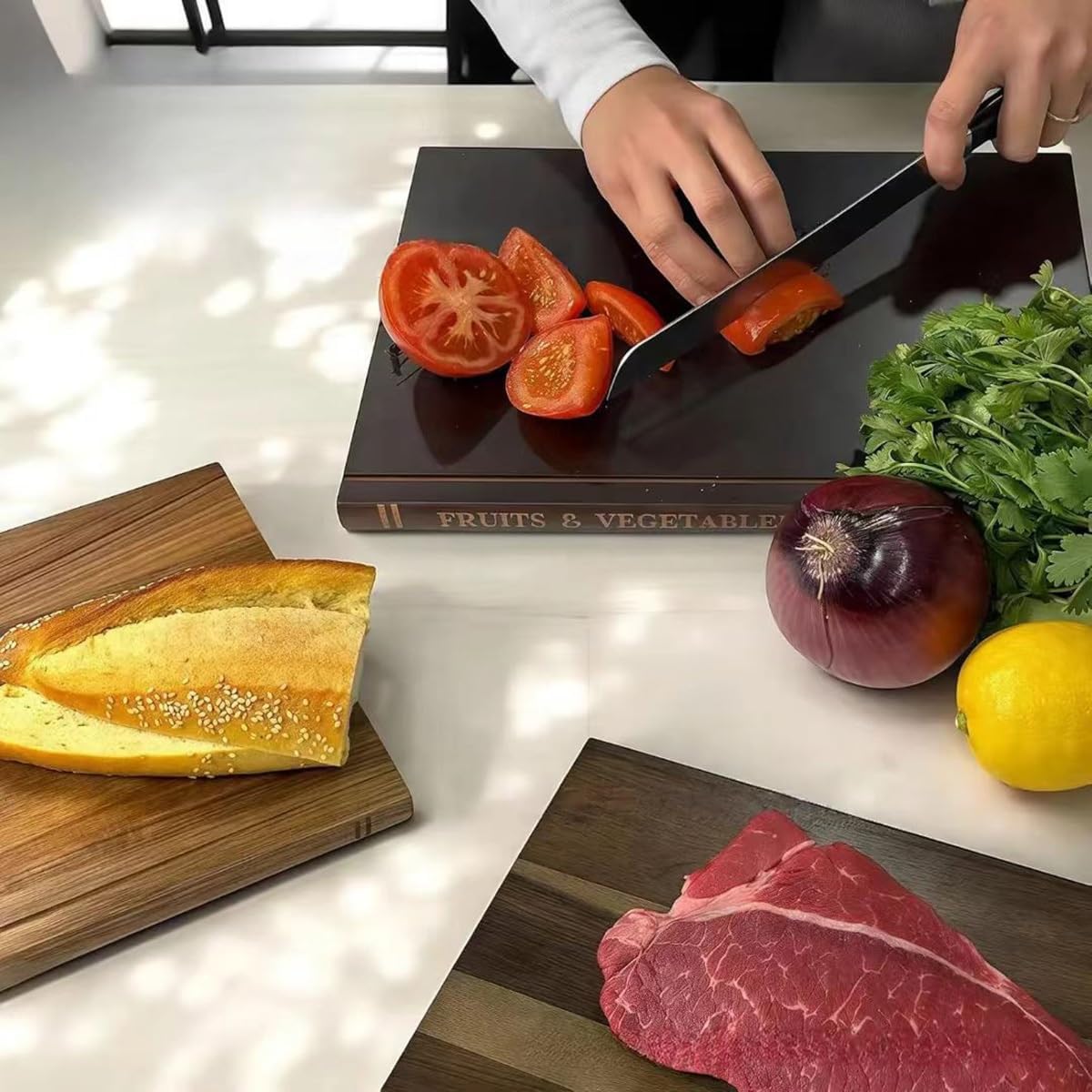 Rectangular Book Cutting Board Set of 3 for Kitchen, Wooden Carving Board with Stand, Easy to Store Serving Board, Reversible Butcher Block for Meat Cheese Bread