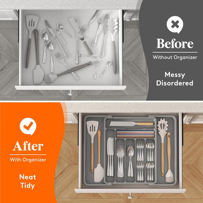 Lifewit Utensil Organizer for Kitchen Drawer, Expandable Cooking Silverware Tray, Adjustable Cutlery Flatware Holder, Plastic Spatula Tools Storage Divider, 14.4 x 15.8", Black