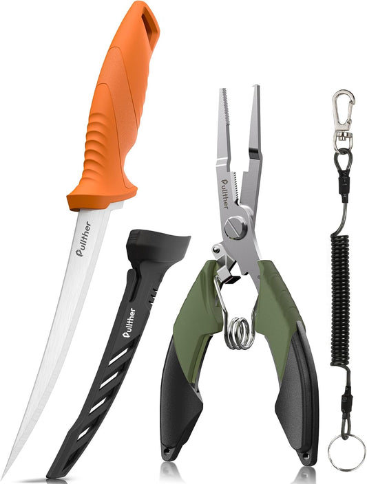 2PC Fishing Tool Kit - 7" Fillet Knife,Fishing Pliers,Multitool Hook Remover Fishing Pliers,Fishing Gear for Saltwater