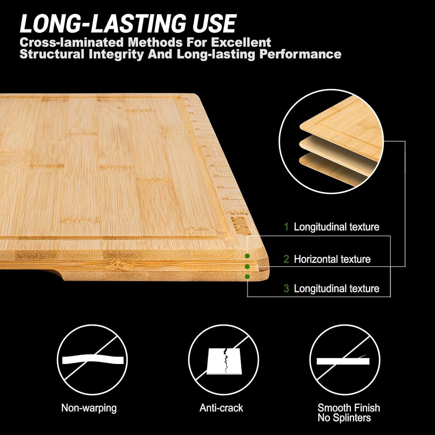 JINGNING Deep-Carbonized Bamboo Cutting Board Set for Kitchen with Wood Storage Stand, Deep Juice Grooves, Easy-Grip Handles & Non-Slip Pads, Premium Kitchen Gift
