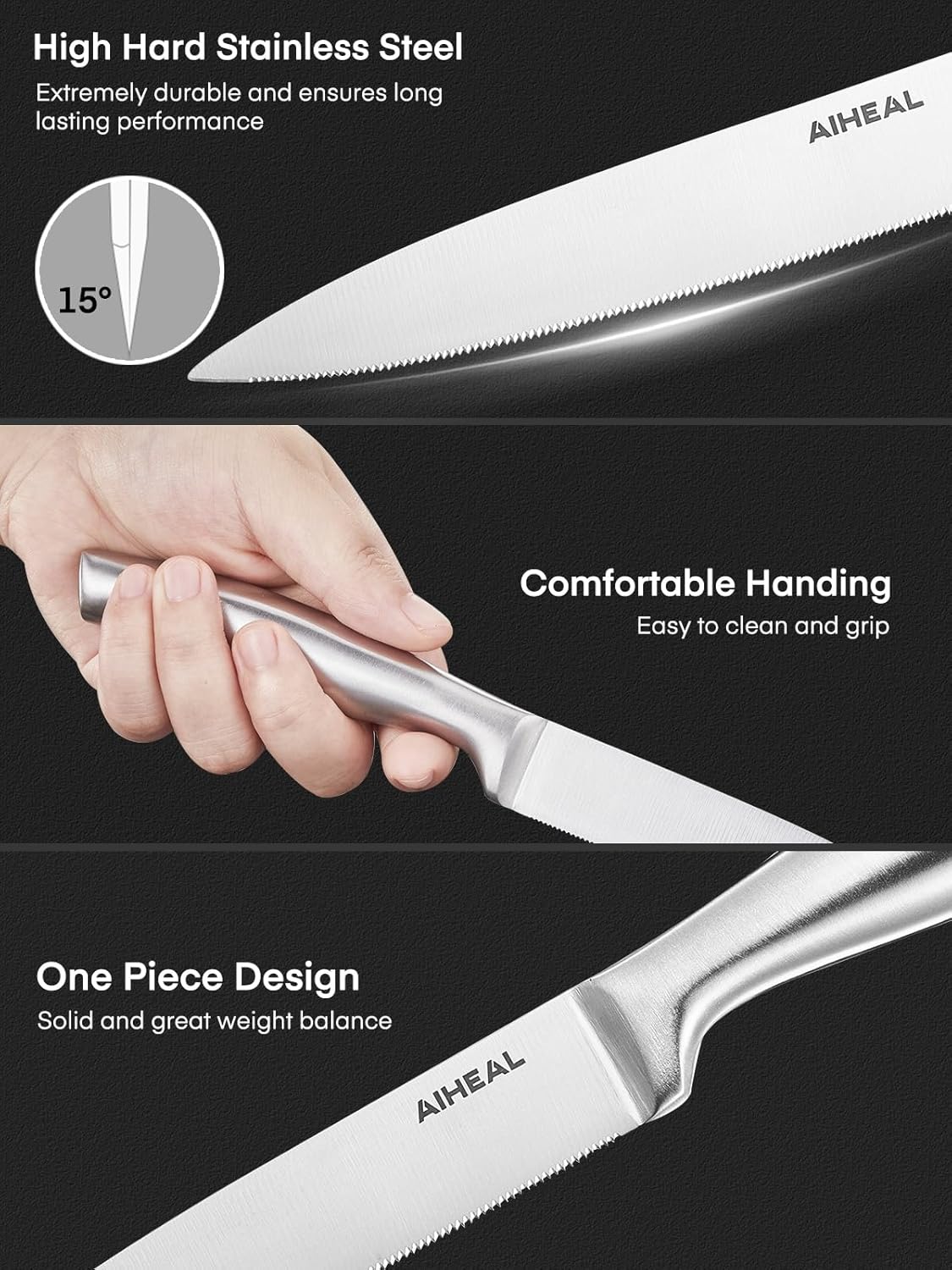 Aiheal Steak Knives, Stainless Steel Steak Knives Set of 8, Never Needs Sharpening Dinner Steak Knife Set, Sharp Micro Serrated Knives