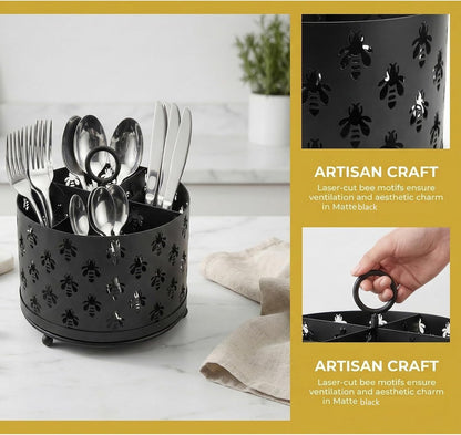 NelyBet 360° Rotating Utensil Caddy With Handle, Cutlery Silverware Caddy Holder Flatware Organizer with 4 Compartment For Kitchen Countertop Party Office Black