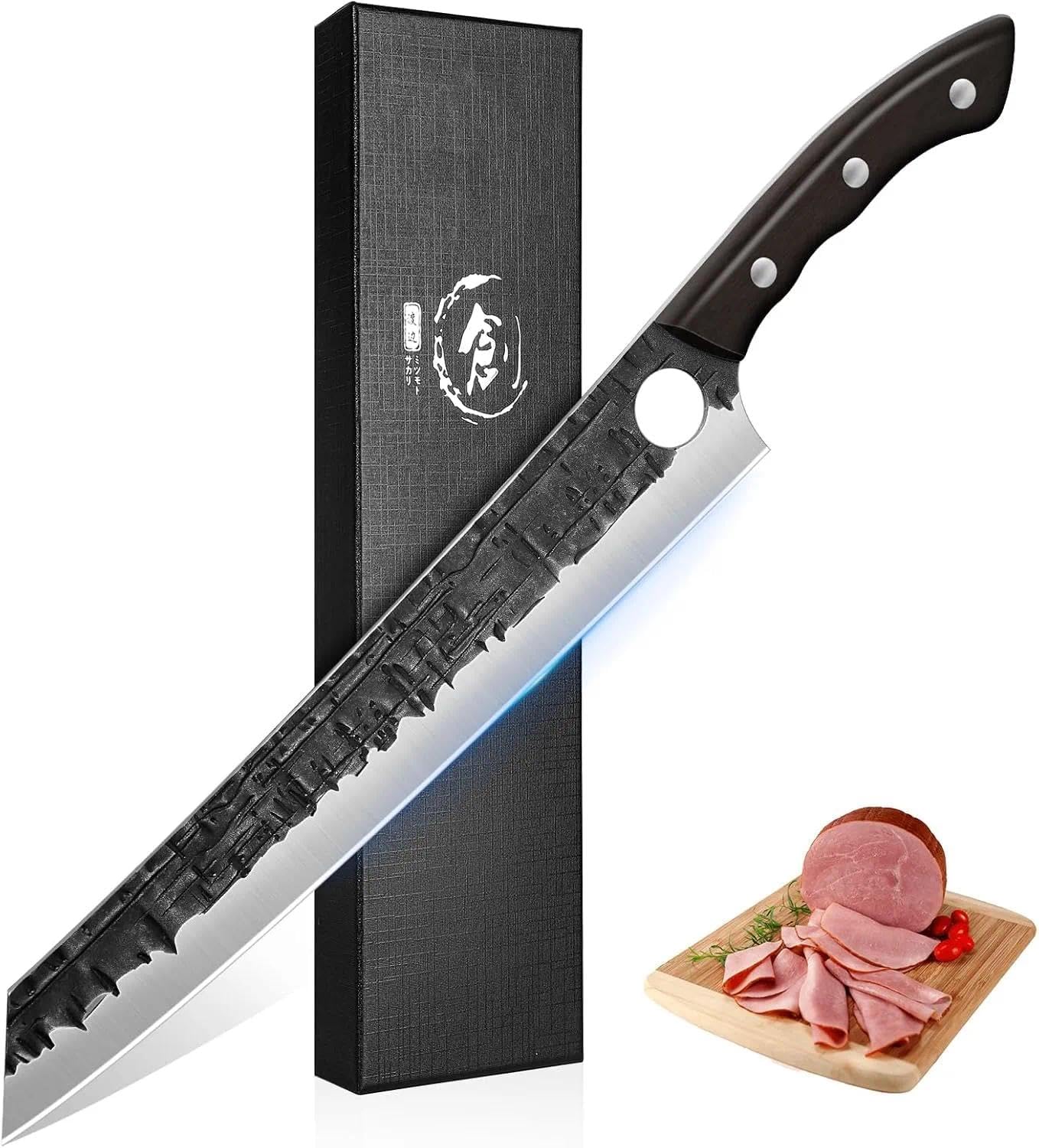 TIJERAS Brisket Carving Trimming Knife, Meat Slicing BBQ Knife, 11.6 Inch Hand Forged Full-Tang Slicer Knives for Meat Cutting Turkey Ham, Birthday Gifts for Men Women