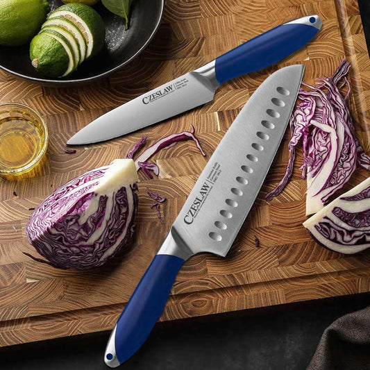 Santoku Knife 2pcs, Japanese 7" Chef Knife & 5" Vegetable Knife, Forged High Carbon German Steel, Full Tang & Razor Sharp, Ergonomic Prussia Blue Handle Design, cooking gifts cooks