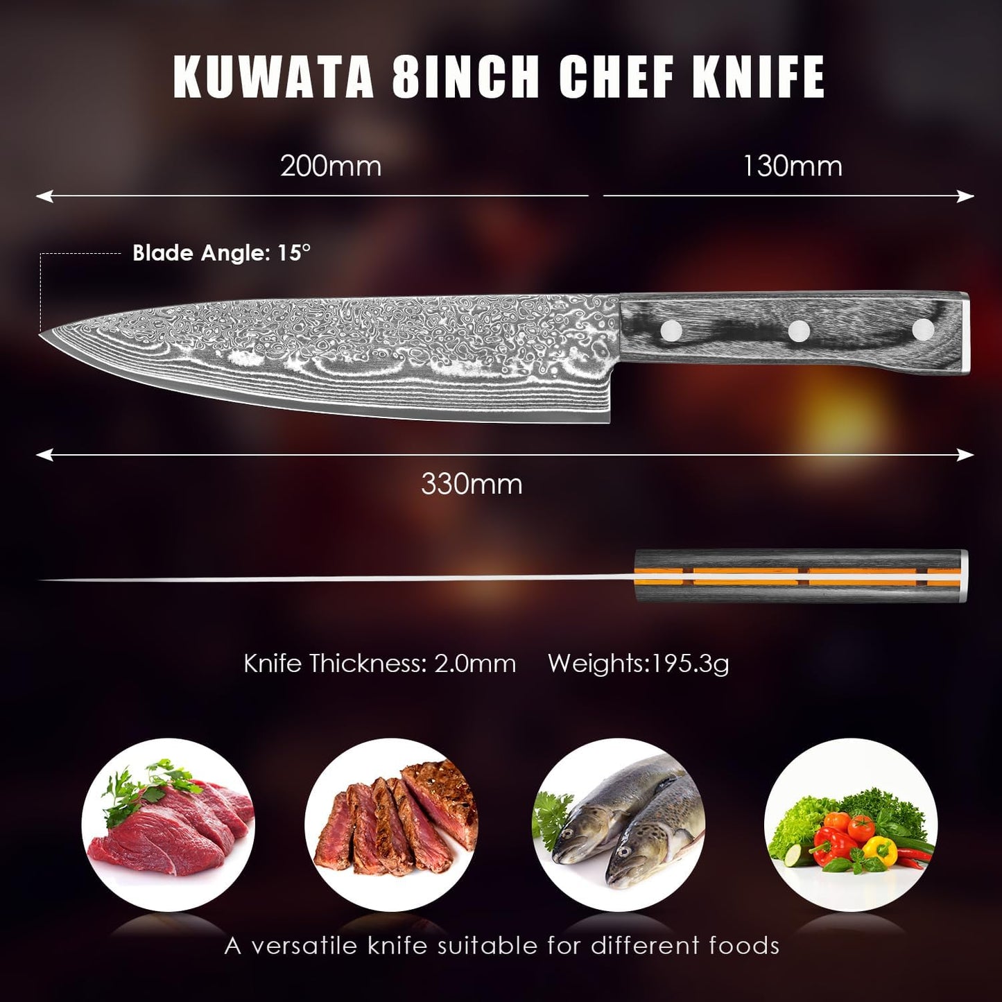 Damascus Chef Knife 8 Inch, Japanese Knife 10Cr15MOV Blade with Hand Forged Hammer Pattern Chef Knife, Hand forged VG-10 steel cooking knife, Ergonomic abalone shell G-10 handle with Gift Box