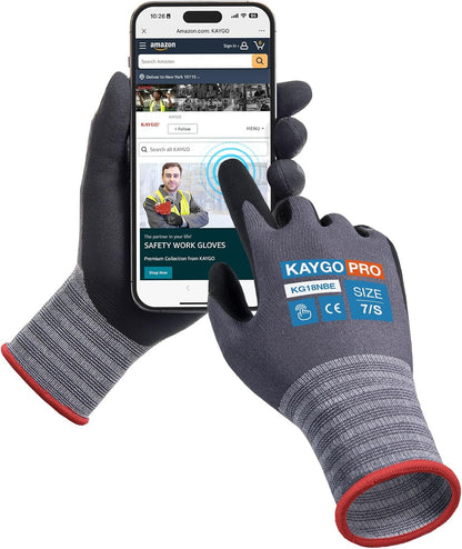 KAYGO Safety Work Gloves MicroFoam Nitrile Coated, 3 Pairs KG18NB,Seamless Knit Nylon Glove for Men and Women, Ideal for Automotive,Warehouse,Construction (Small,Gray)