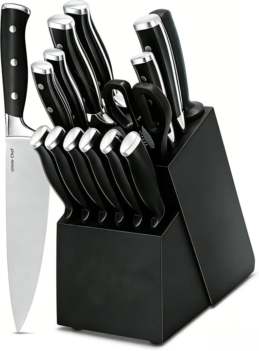 Knife Set, 15 Piece Premium Chef High Carbon Stainless Steel Kitchen Knife Block Set, Razor-sharp, Ergonomic Forged Triple Rivet Handle, Professional Knife Set for Kitchen, Dishwasher Safe(White)