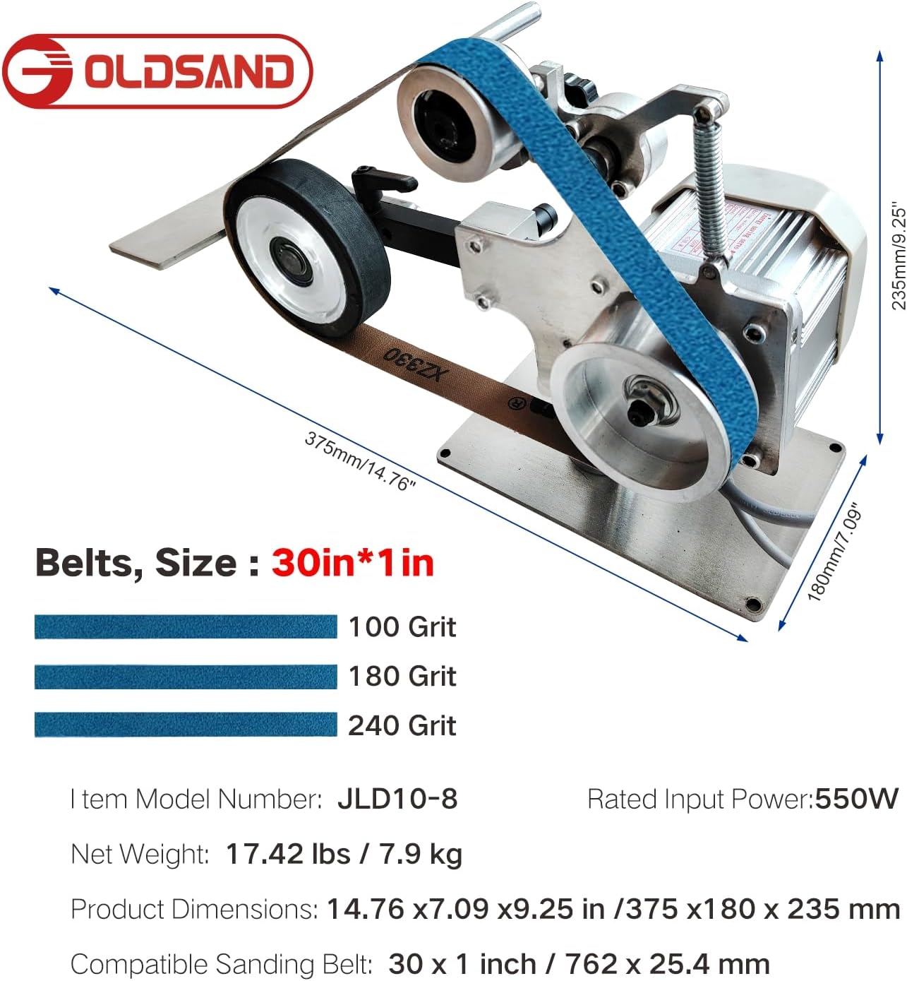 Belt Sander Professional with Vertical and Horizontal Support, 30" x 1" Belt Size, 3 Grit Belts (100/180/240), Metal Wood Knife Sharpening, Adjustable Workbench
