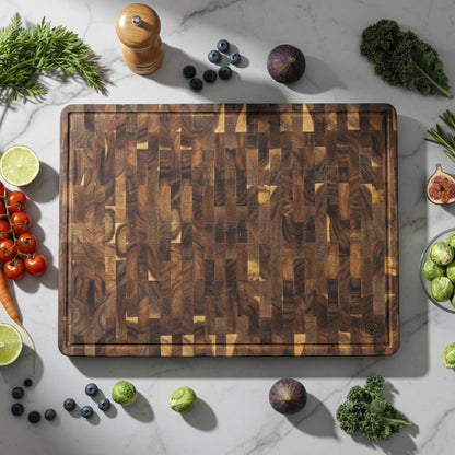End Grain Acacia Wood Cutting Boards for Kitchen, 1.5 in Thick Butcher Block Construction for Stability, 15 x 10 in Medium Cutting Boards with Gift Box, Juice Groove and Handle