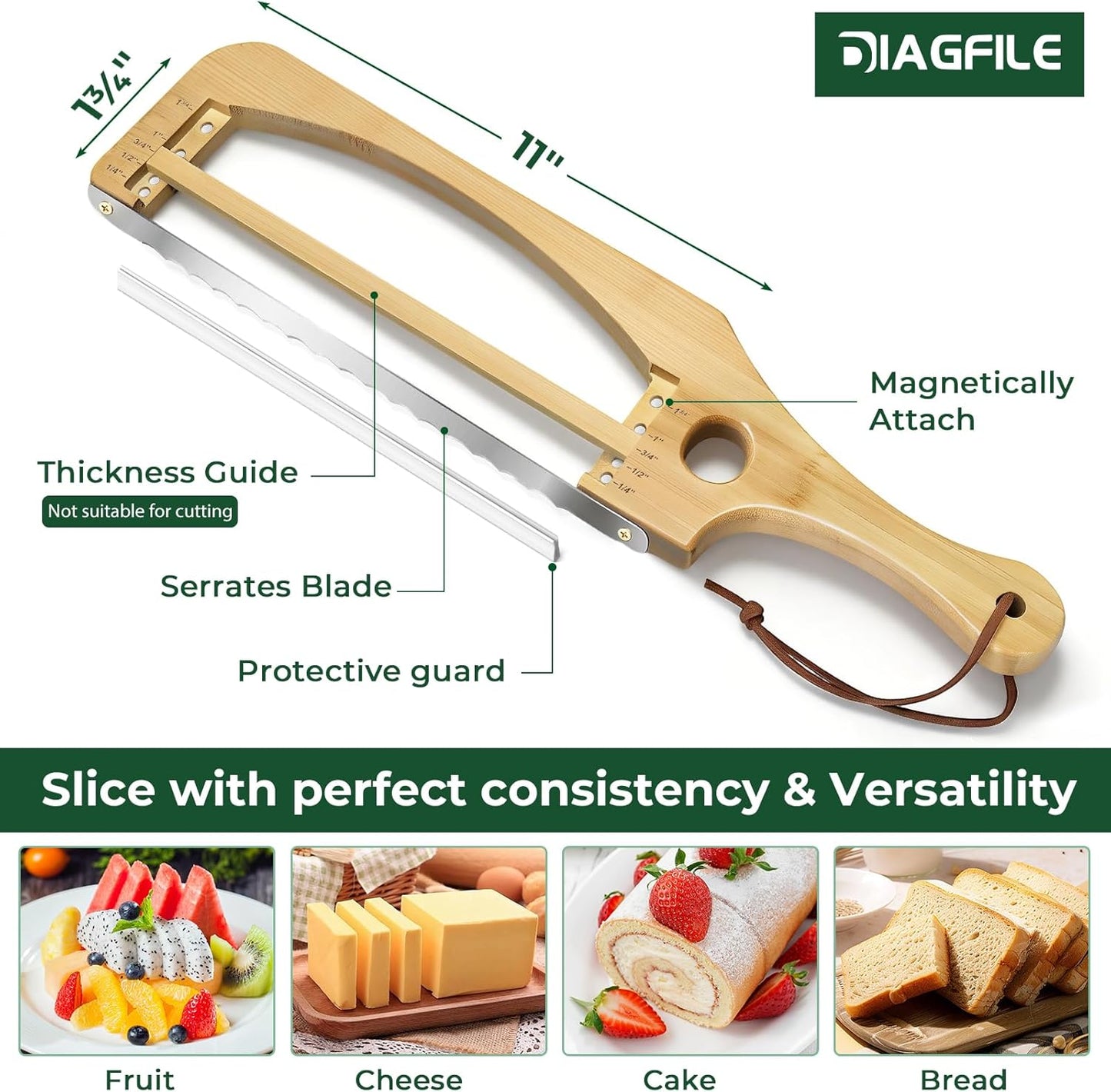 Adjustable Bread Slicer for Homemade Bread, 16.5'' Sourdough Bread Knife with Magnetic Adjustment Mechanism 5 Thickness Guides, Stainless Steel Serrated Bread Cutter for Bagels, Baguettes and More