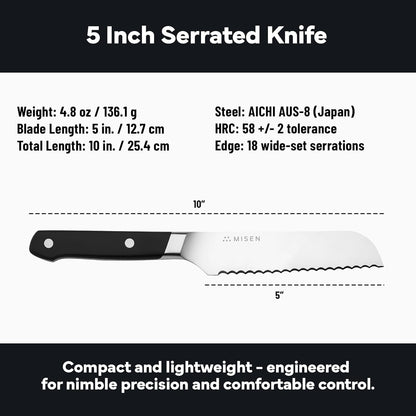 Misen Serrated Bread Knife - High-Carbon Japanese AUS8 Steel - Perfect for Soft Foods, Bread, Pastries, and Fruits - Verstatile Slicer, Razor-Sharp Edge, Durable Blade, Ergonomic Handle - 5", Blue