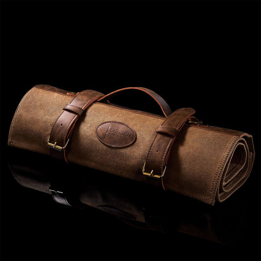 SENKEN Leather Waxed Chef Knife Roll Bag - Heavy Duty Kitchen Knife Carrying Case with Shoulder Strap - 12 Knife Slots + 2 Zipper Pockets for 14 Total Slots
